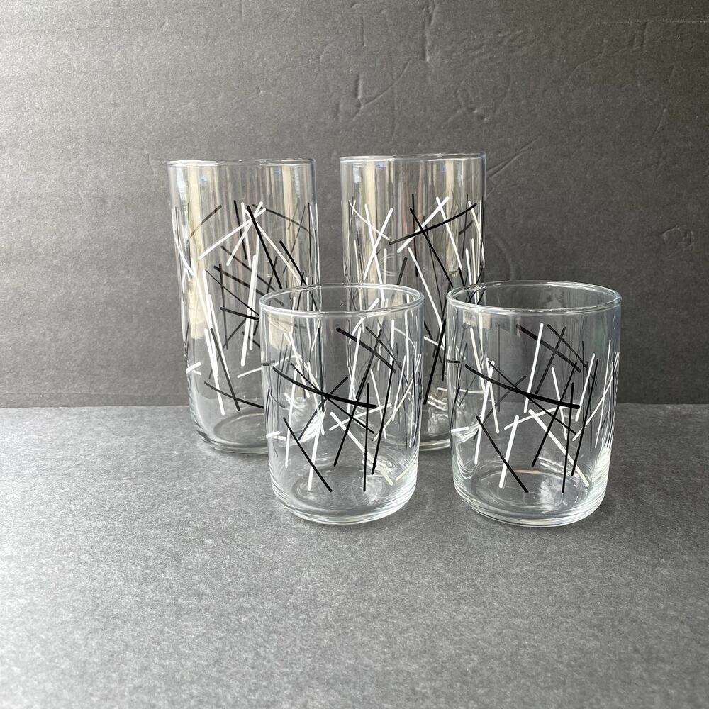 Set of 4 Vintage Libbey Glasses 2 Small 2 Tall Black White Abstract